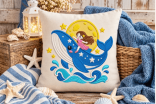 Ocean Blue Whale Moon Girl Embroidery · Creative Fabrica