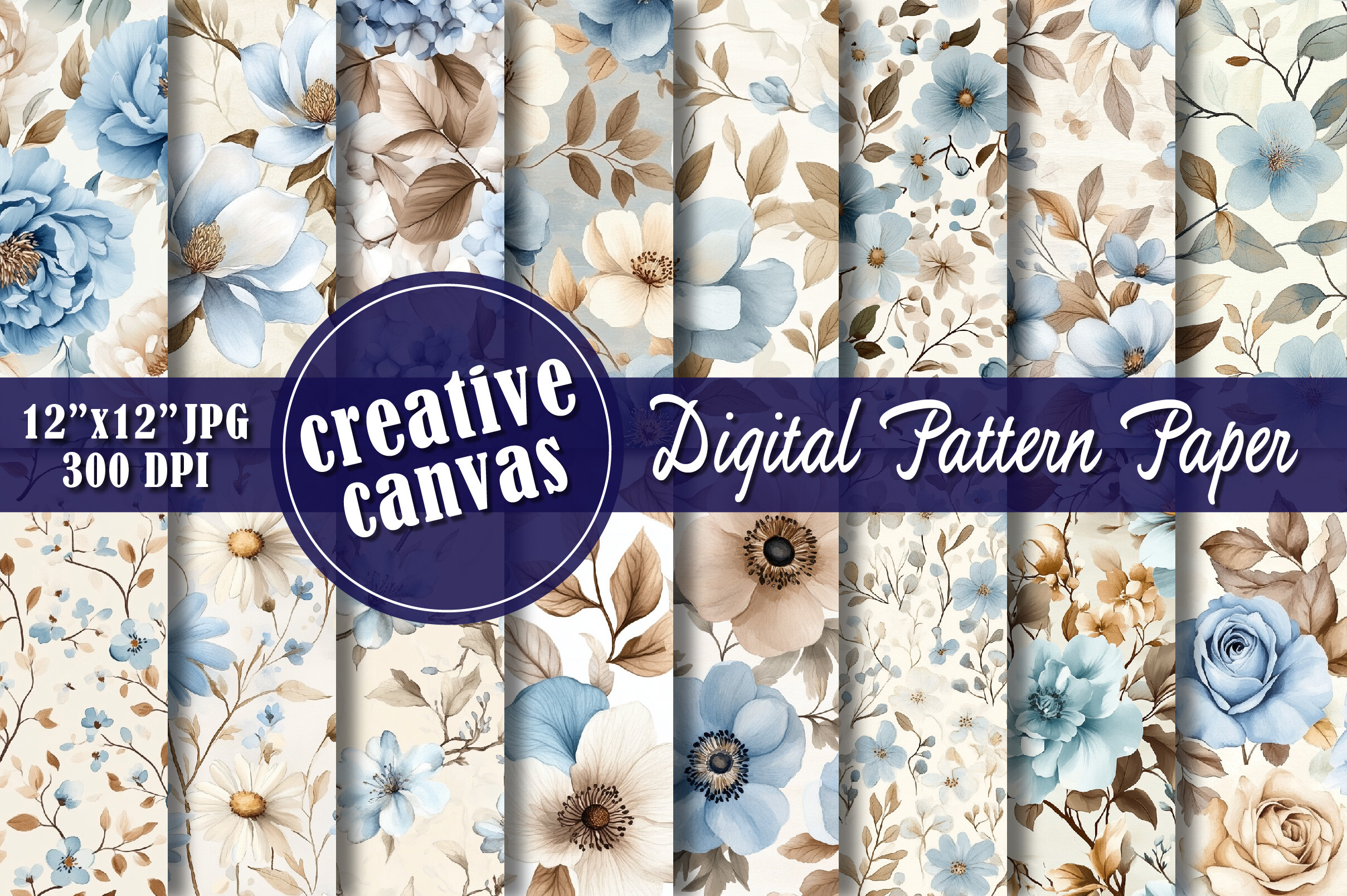 Vintage Blue Blossom Pattern Bundle Graphic by Creative Canvas ...