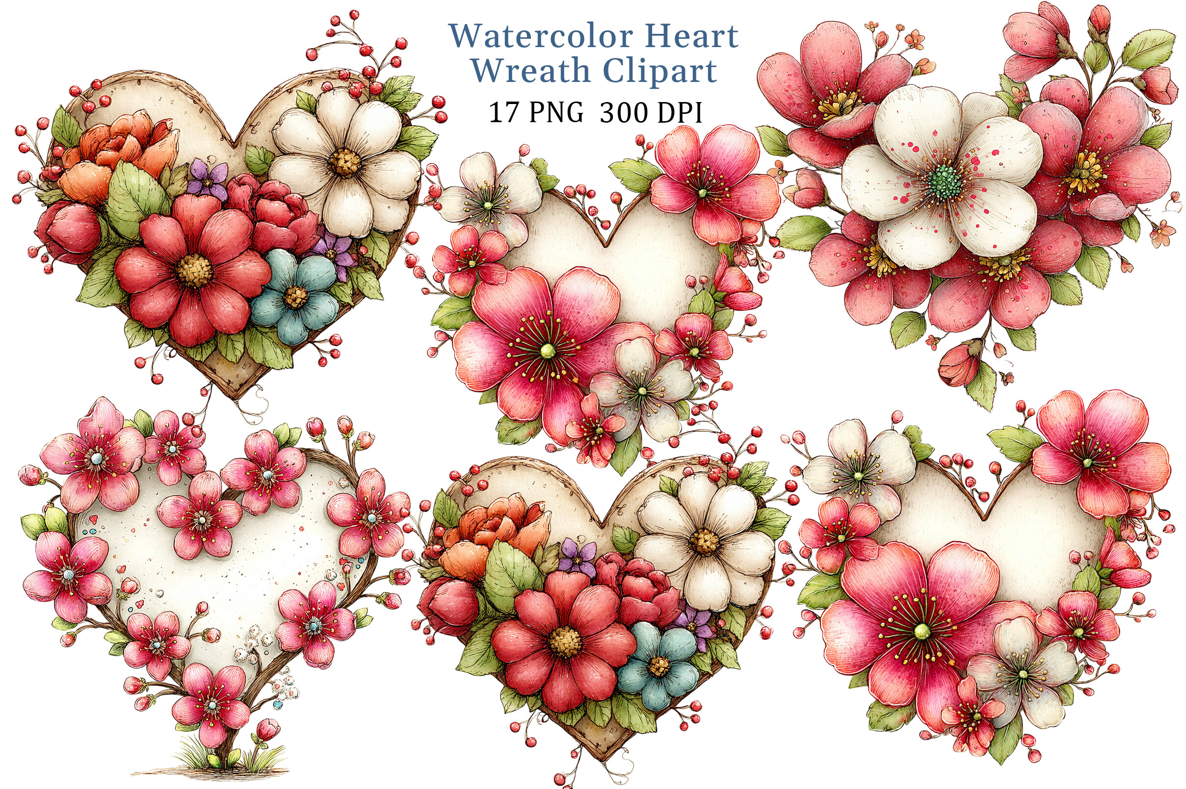 Watercolor Heart Wreath Clipart Set Graphic by PRO DESIGN · Creative ...
