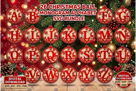 Christmas Ball Monogram Alphabet SVG Set laser cut file