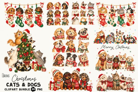 Cute Christmas PNG Cats & Dogs Bundle