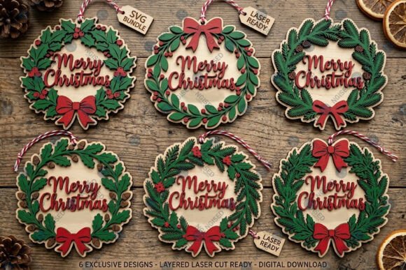 Layered Merry Christmas Wreath SVG Bundle (Design 1) laser cut file