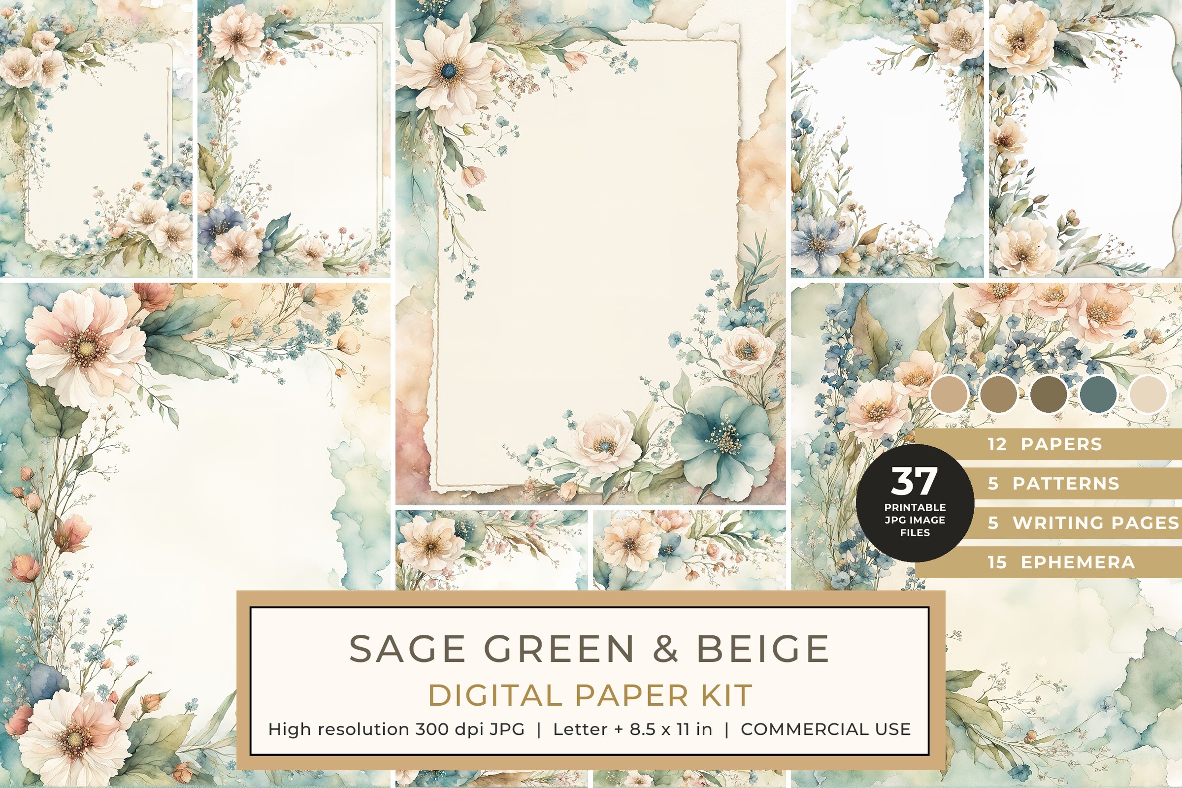 Sage Green and Beige Teal Paper Kit Graphic by Whimsical Art Prints ...