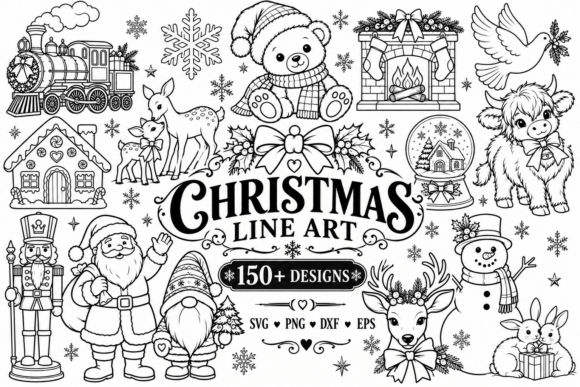 150+ Christmas Line Art SVG PNG Clipart laser cut file