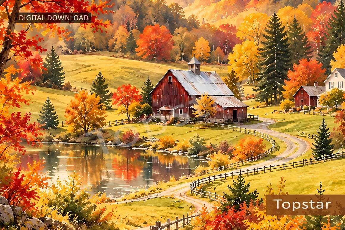Farm Graphics One Color Autumn Farm Landscape Scenery Wall Art Graphic by Topstar · Creative ...