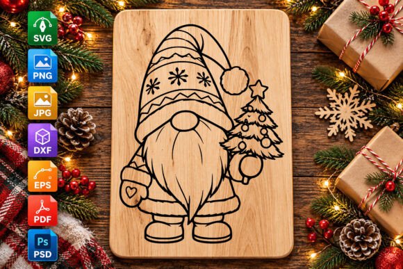 Christmas Gnome with Tree Outline Art laser cut file