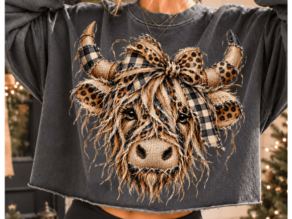 Highland Cow PNG, Ripped Fabric Design