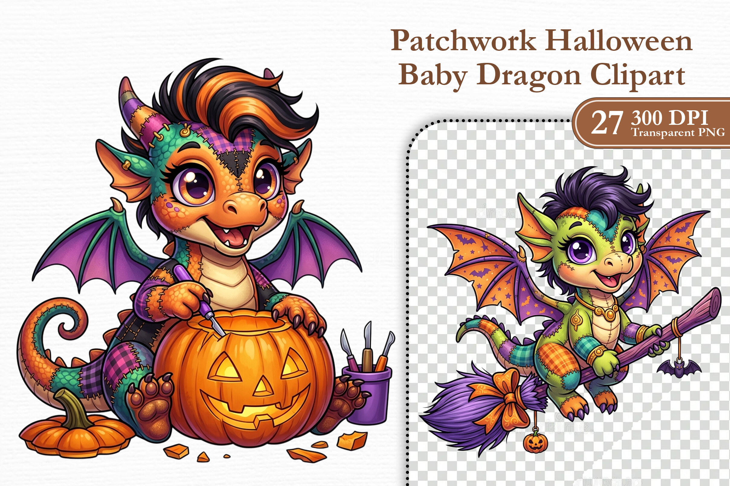 Zone Template Cursive Patchwork Halloween Baby Dragon Clipart Graphic by KIDS ZONE · Creative ...