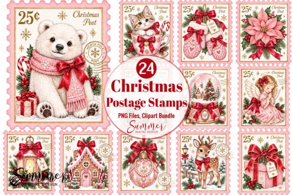 Pink Christmas Coquette Stamps PNG
