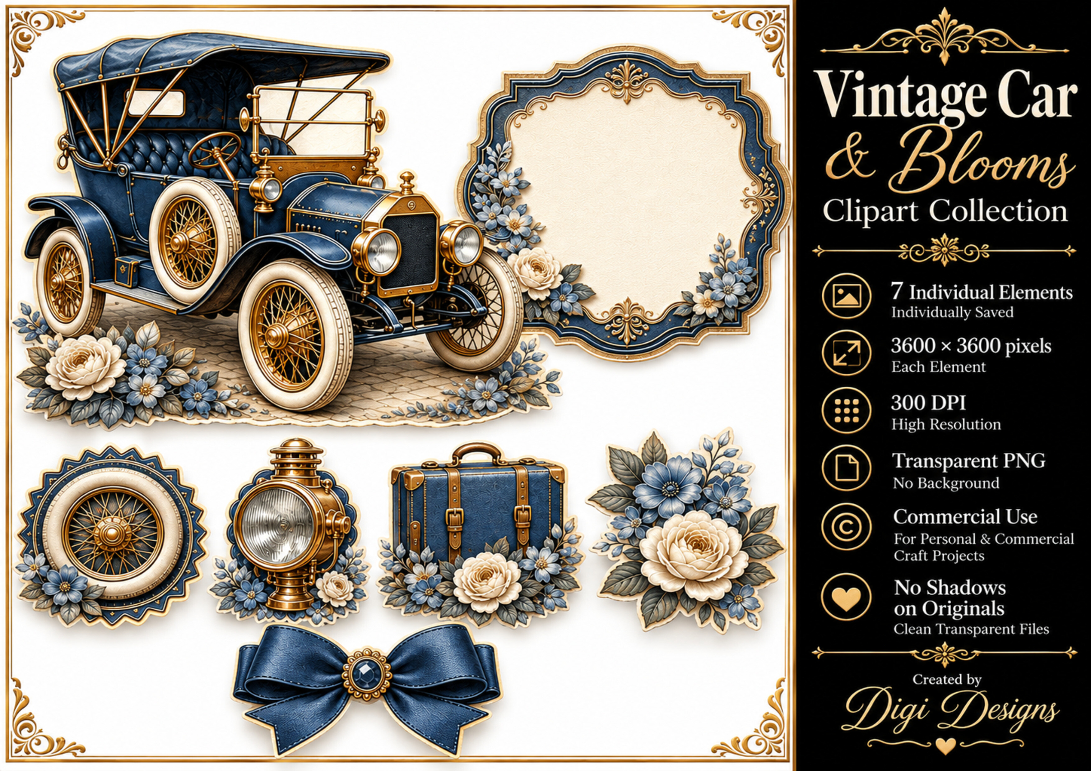 Vehicles Collectcon Vintage Car & Blooms Clipart Collection Graphic by Digi Designs by Rick ...