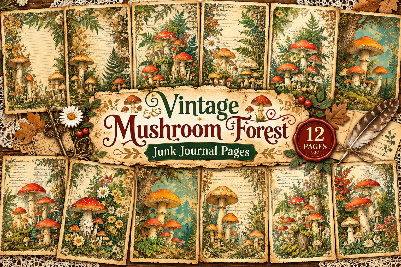 Vintage Mushroom Forest Junk Journal Graphic by FJ Dream · Creative Fabrica