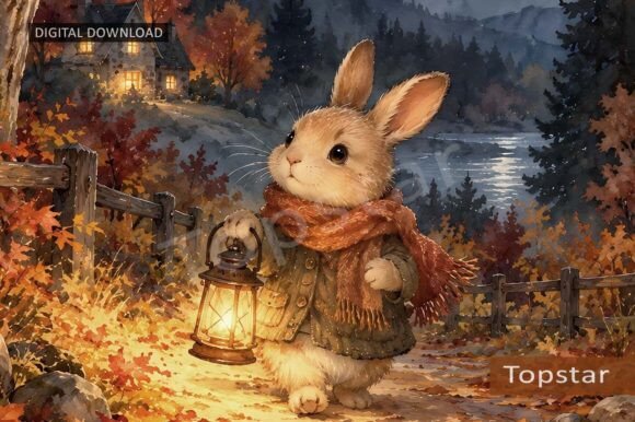 Whimsical Bunny Autumn Scene Wall Art