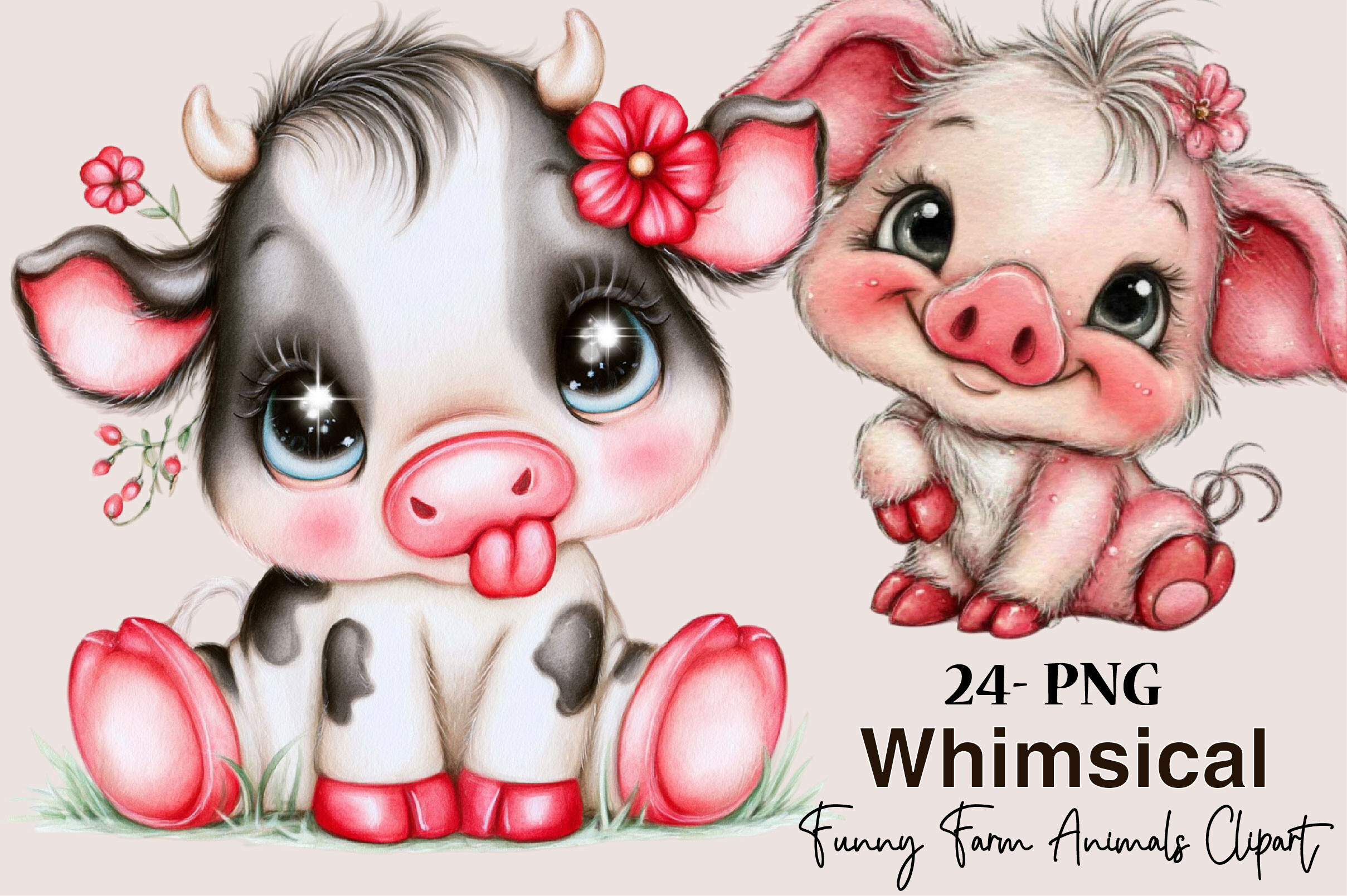 Farm Graphics One Color Whimsical Funny Farm Animals Clipart Graphic by SVGArt · Creative Fabrica