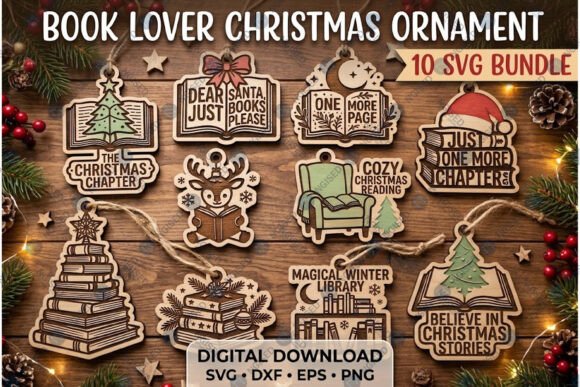 Book Lover Christmas Ornament SVG Bundle (Design 1) laser cut file
