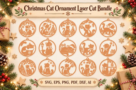 Christmas Cat Ornament Laser Cut Bundle laser cut file