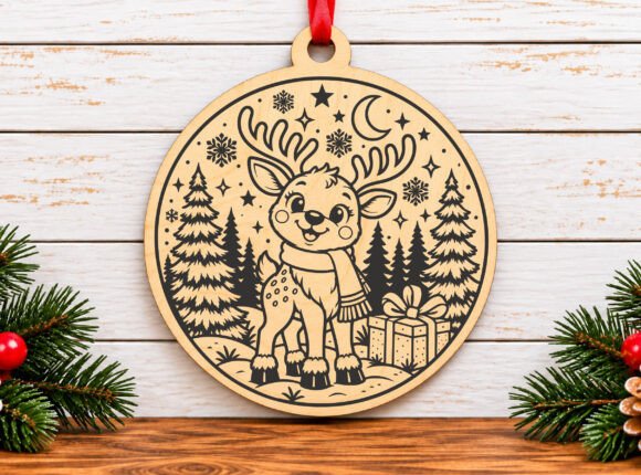 Cute Christmas Reindeer Ornament SVG laser cut file