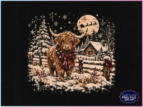 Retro Christmas Highland Cow Farm PNG