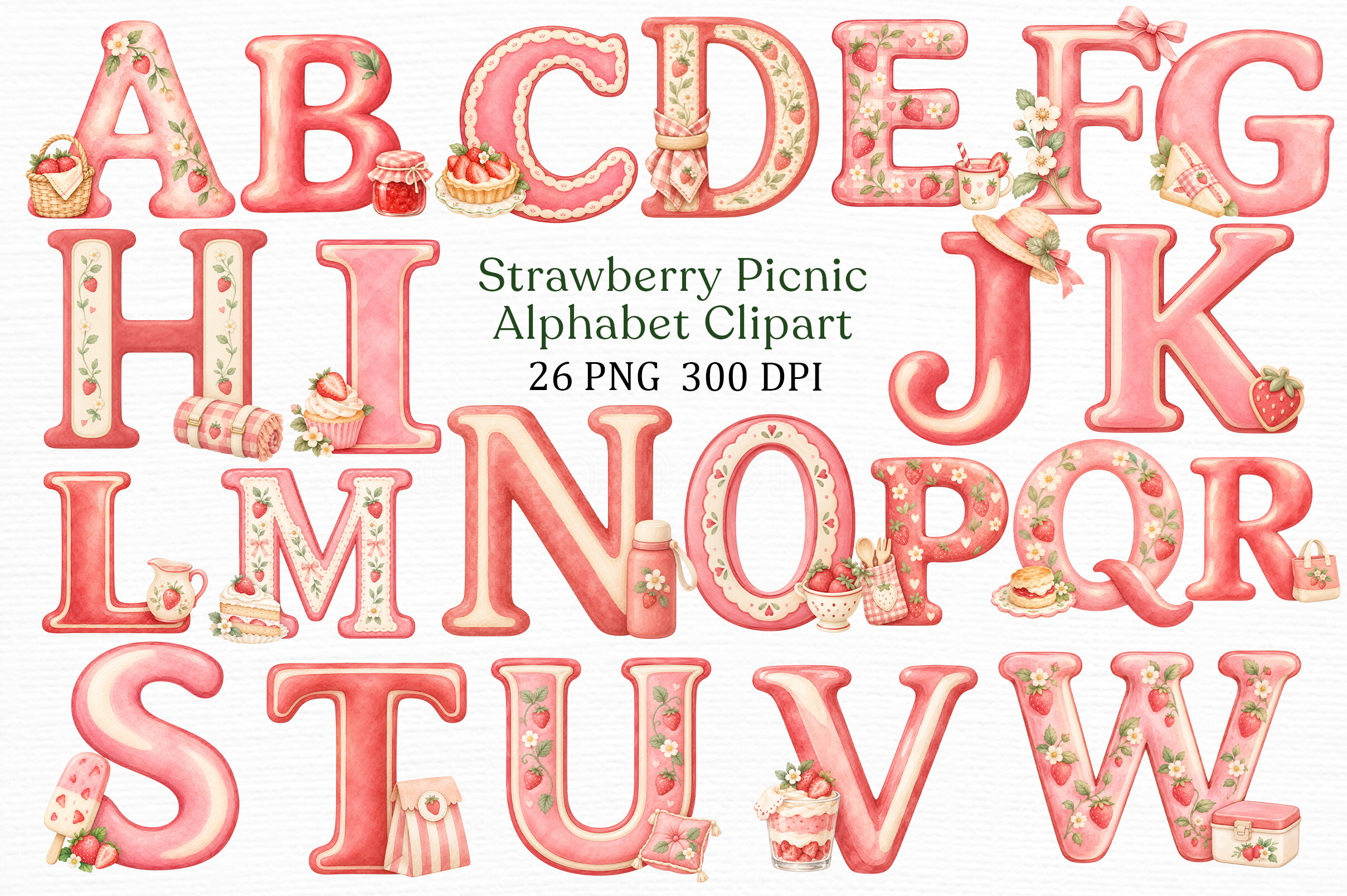 Zone Template Cursive Strawberry Picnic Alphabet Clipart Graphic by PLAY ZONE · Creative Fabrica