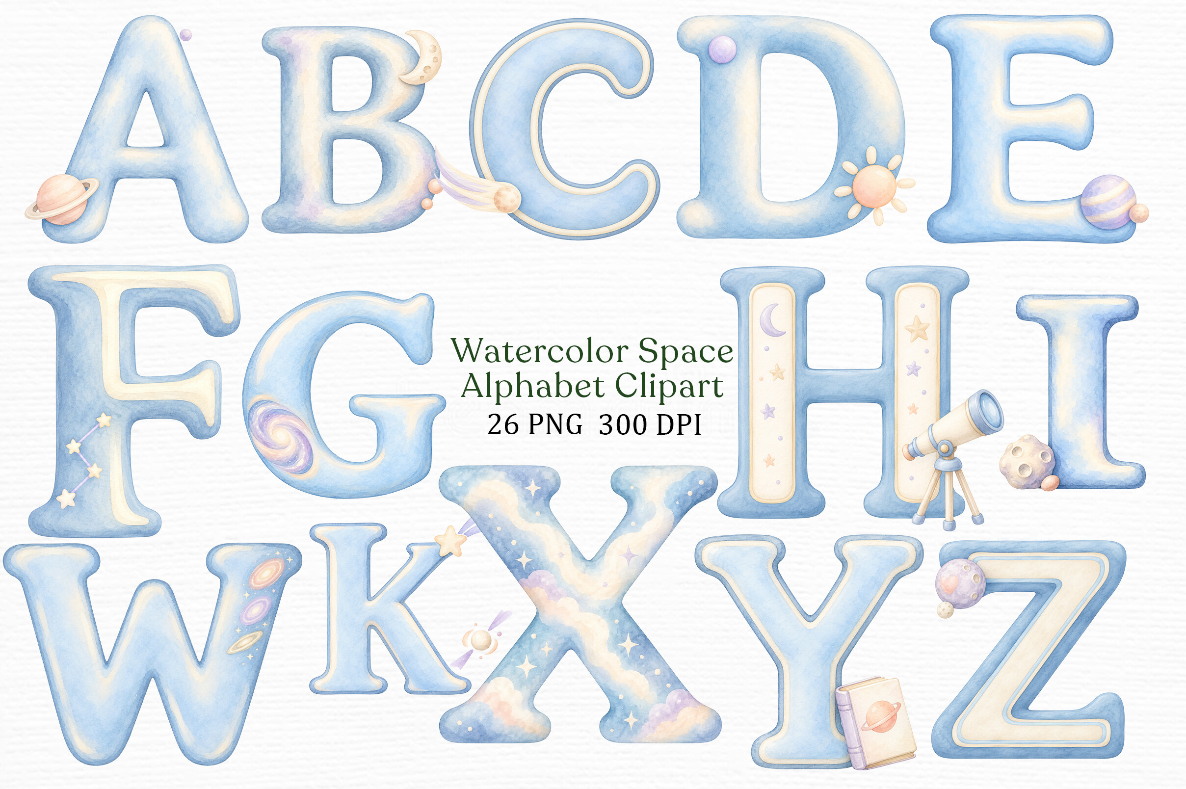 Zone Template Cursive Watercolor Space Alphabet Clipart Graphic by PLAY ZONE · Creative Fabrica