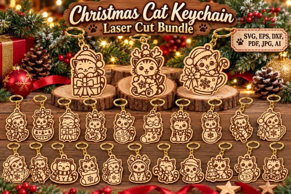 Christmas Cat Keychain Laser Cut Bundle laser cut file