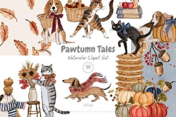Watercolor Autumn Cats and Dogs Clipart