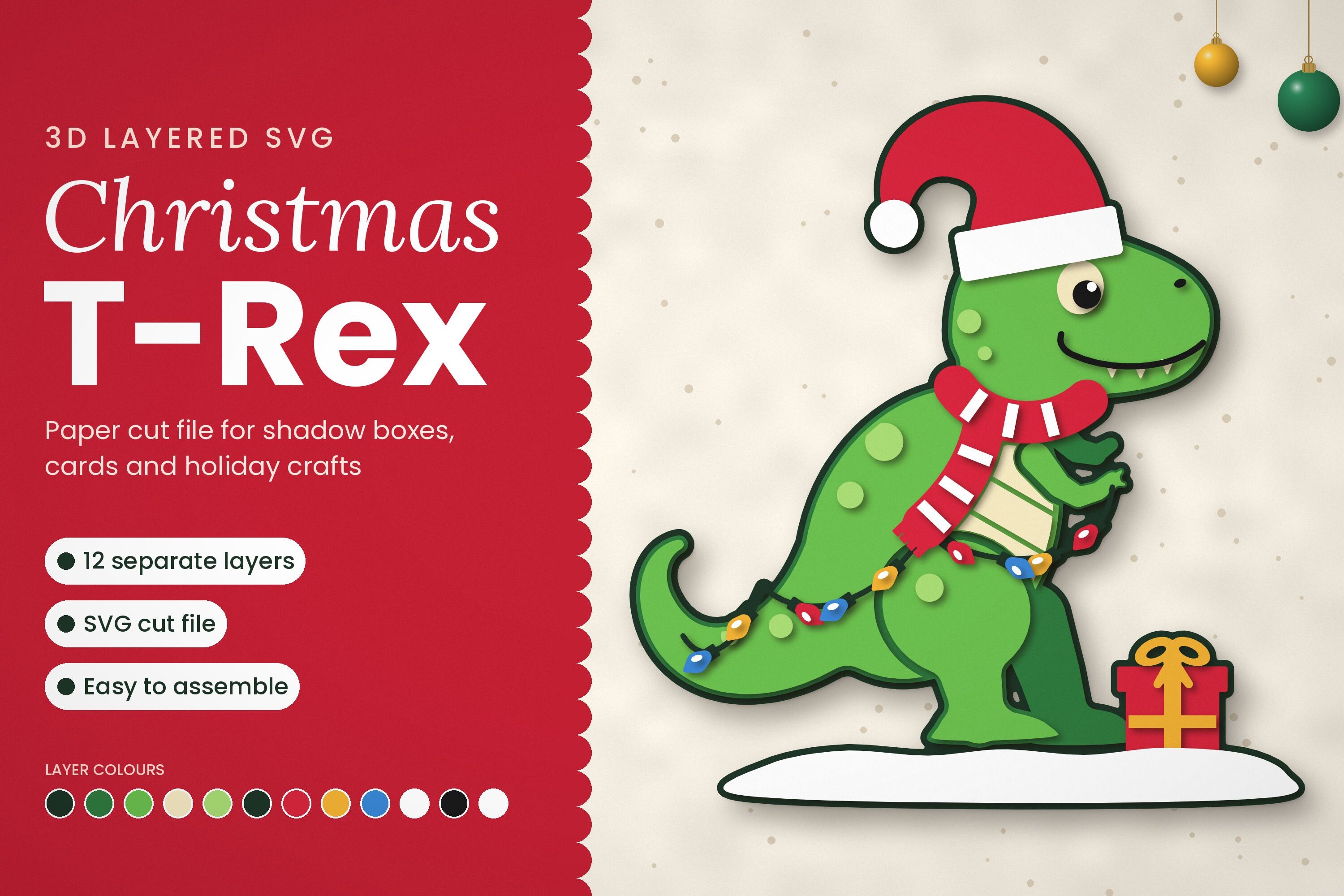3D Layered Christmas T-Rex SVG · Creative Fabrica