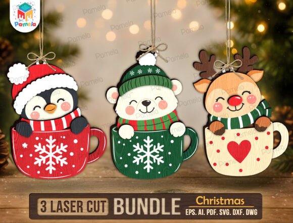 Christmas Mug Ornament SVG Bundle (Design 4) laser cut file
