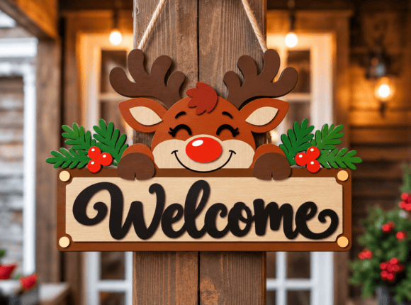 Christmas Reindeer Welcome Door Sign SVG laser cut file