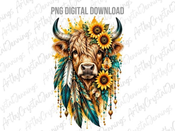 Boho Highland Cow Sunflower Feathers PNG